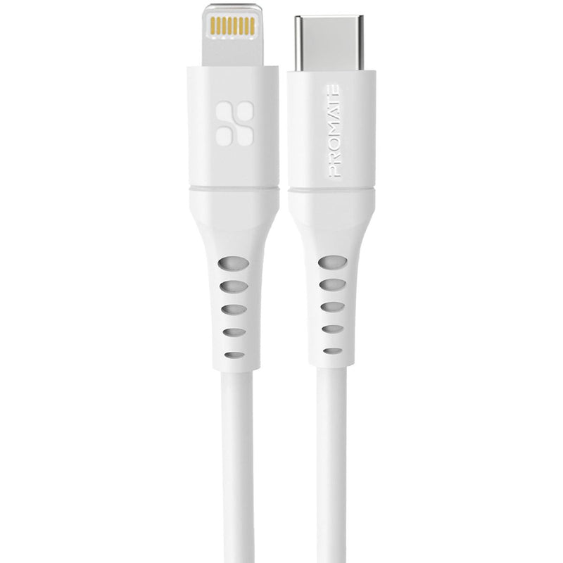 Promate USB-C to Lightning Cable 1.2m Silicone Cable, 20W Power Delivery Fast Charging with 480 Mbps Data Sync