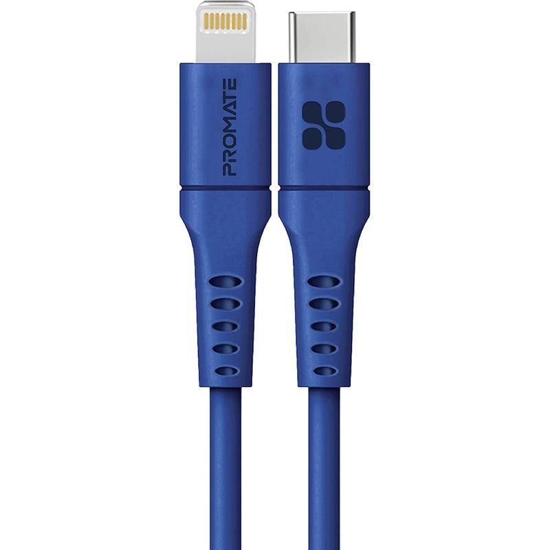 Promate USB-C to Lightning Cable 2m Silicone Cable, 20W Power Delivery Fast Charging with 480 Mbps Data Sync