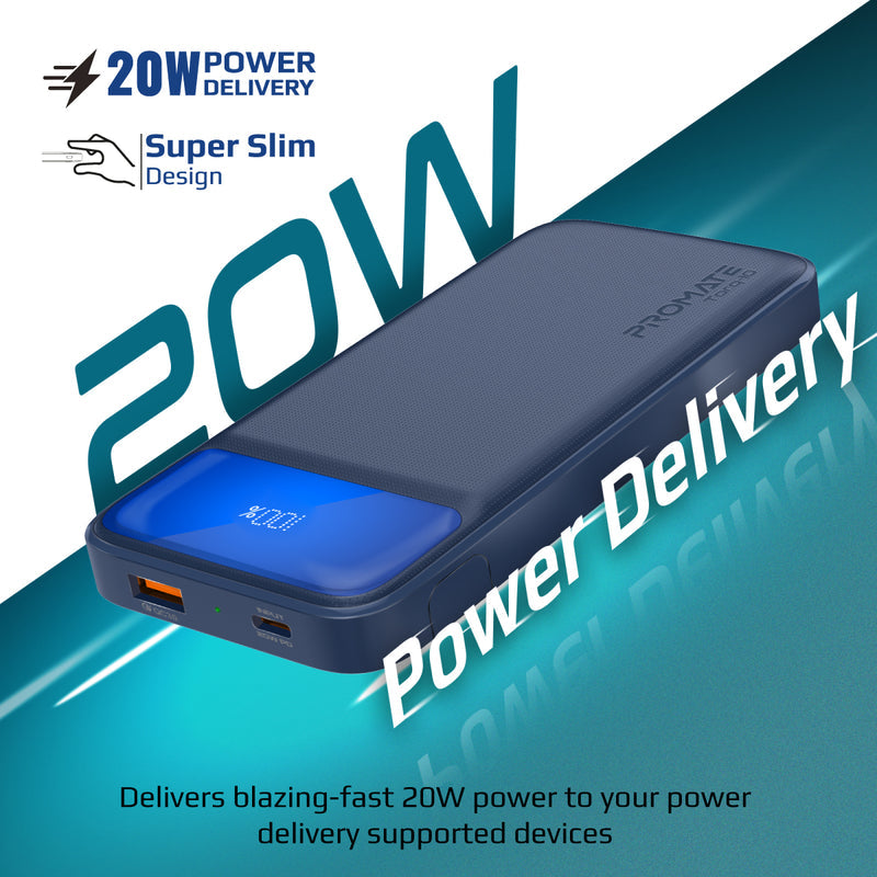 Promate 10000mAh Super-Slim Power Bank with Dual USB Output • 20W USB-C Fast Charging • 18W QC 3.0 • Torq-10