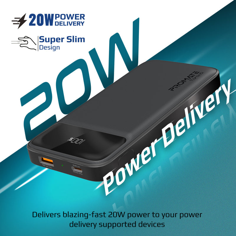 Promate 10000mAh Super-Slim Power Bank with Dual USB Output • 20W USB-C Fast Charging • 18W QC 3.0 • Torq-10