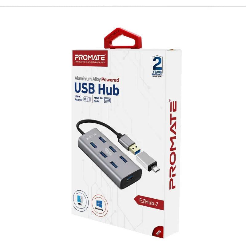 محول Promate مع 7 منافذ USB 3.0 USB-A + USB-C، سرعة نقل 5 جيجابت/ثانية، بيانات وشحن