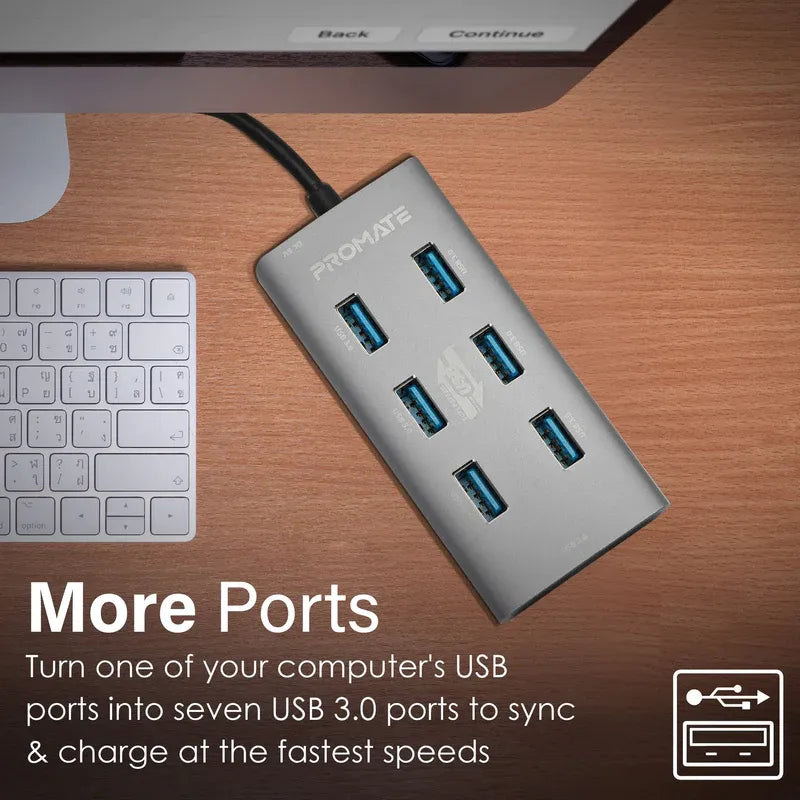 محول Promate مع 7 منافذ USB 3.0 USB-A + USB-C، سرعة نقل 5 جيجابت/ثانية، بيانات وشحن
