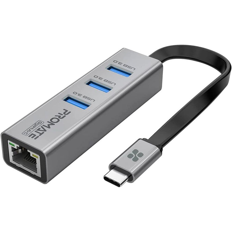 Promate USB-C to Ethernet + 3 USB 3.0 Adapter Hub, 1000Mbps Ethernet Port, 5 Gbps Data Sync