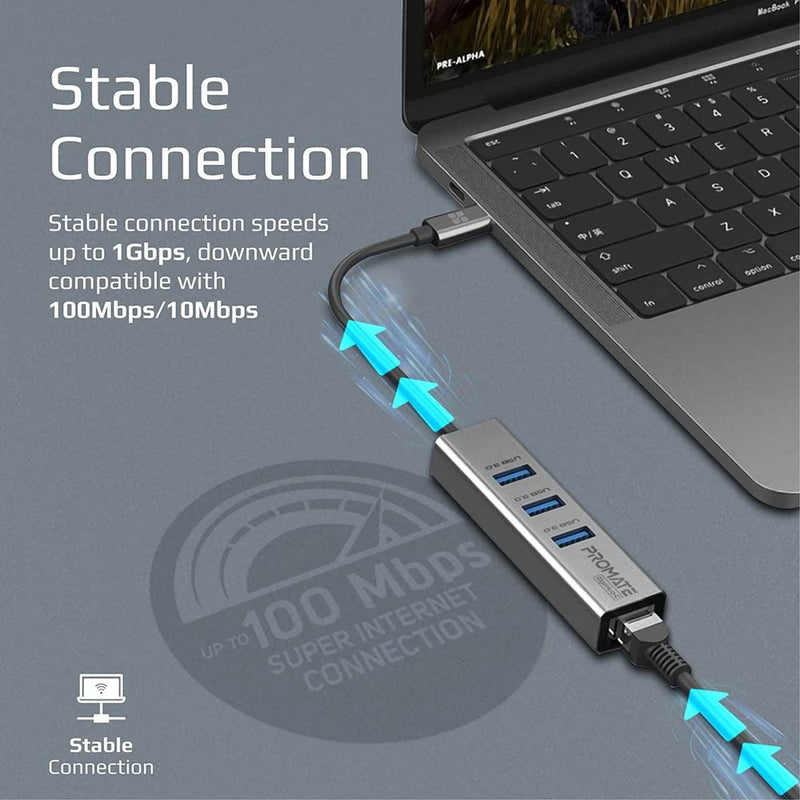 Promate USB-C to Ethernet + 3 USB 3.0 Adapter Hub, 1000Mbps Ethernet Port, 5 Gbps Data Sync