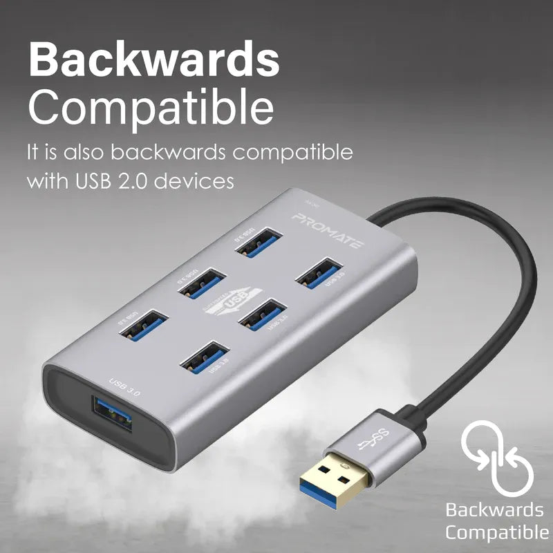 محول Promate مع 7 منافذ USB 3.0 USB-A + USB-C، سرعة نقل 5 جيجابت/ثانية، بيانات وشحن