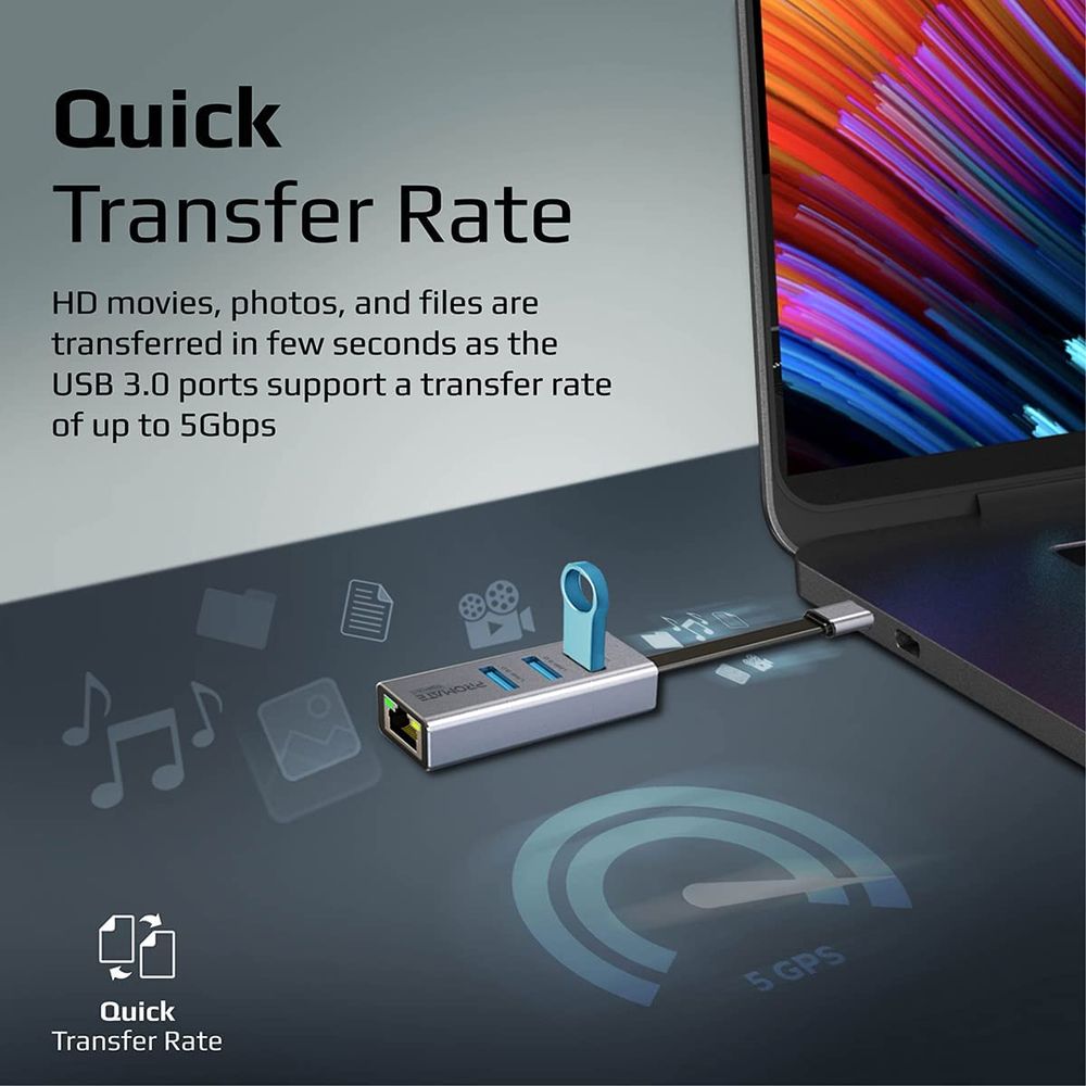 Promate USB-C to Ethernet + 3 USB 3.0 Adapter Hub, 1000Mbps Ethernet Port, 5 Gbps Data Sync