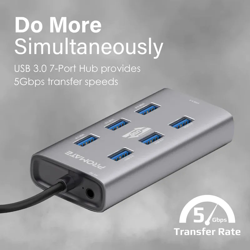 محول Promate مع 7 منافذ USB 3.0 USB-A + USB-C، سرعة نقل 5 جيجابت/ثانية، بيانات وشحن