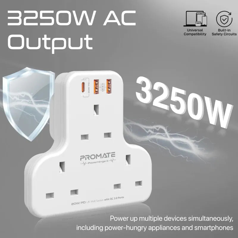 Promate 3250W Wall Mounted Power Strip • 3 AC Sockets • 20W USB-C PD • Dual QC 3.0 Ports • PowerHinge-3