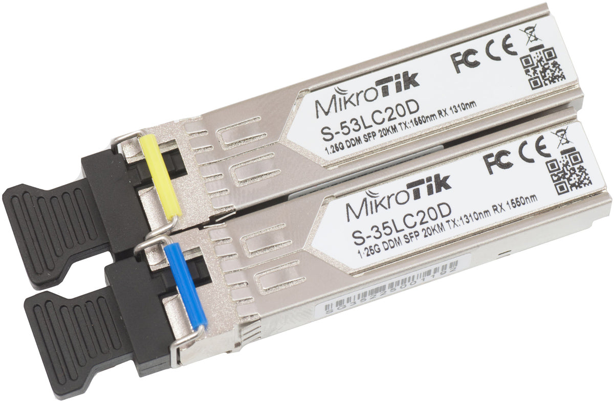 MikroTik S-35/53LC20D SFP Transceiver Kit, 1.25G Single Mode, 20km, T1310/R1550 & T1550/R1310 LC, DDMI, One-Fiber Bi-Directional Pair