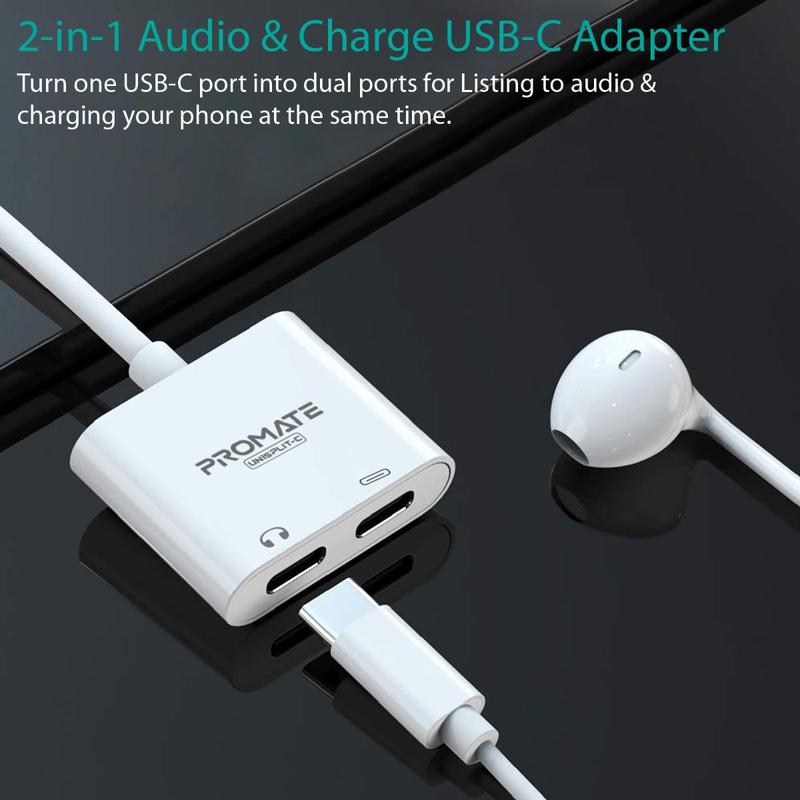Promate 2-in-1 Audio & Charge USB-C Adapter for iPhone/iPad