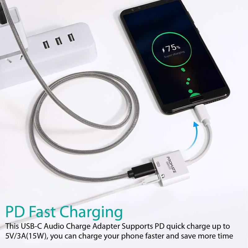 محول USB-C 2 في 1 للصوت والشحن من Promate لأجهزة iPhone/iPad