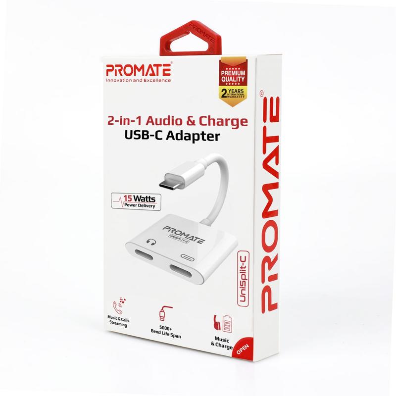 محول USB-C 2 في 1 للصوت والشحن من Promate لأجهزة iPhone/iPad