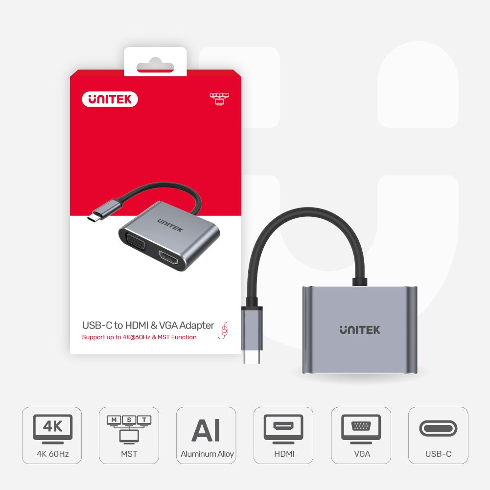 محول UNITEK 4K 60Hz USB-C إلى HDMI 2.0 وVGA مع شاشة مزدوجة MST 