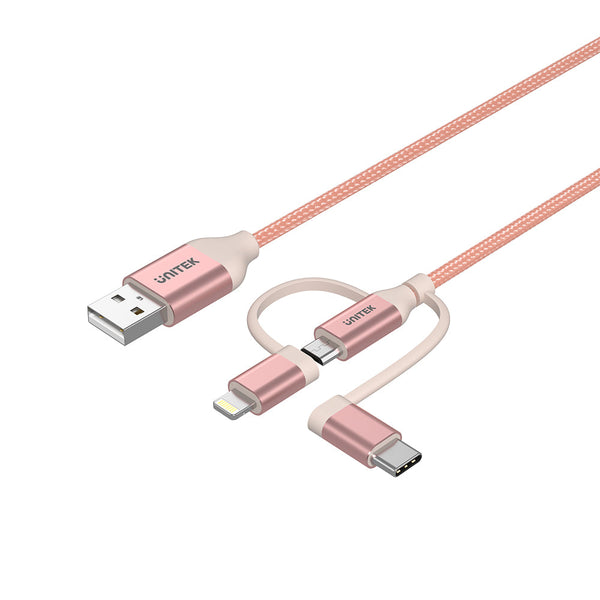 UNITEK 3-in-1 USB 2.0 to Micro USB Multi Charging Cable with USB-C/ Lightning Adapter in Rose Gold