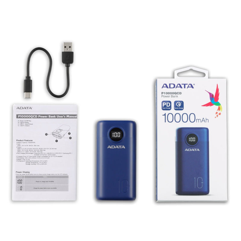 ADATA P10000QCD Qualcomm QC 3.0 & USB PD 3.0 Power Bank - 10000mAh - AP10000QCD-DGT-CDB - Portable Power Banks - alnabaa.com - النبع