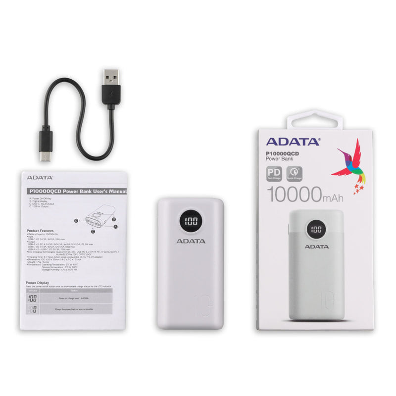 ADATA P10000QCD Qualcomm QC 3.0 & USB PD 3.0 Power Bank - 10000mAh - AP10000QCD-DGT-CWH - Portable Power Banks - alnabaa.com - النبع