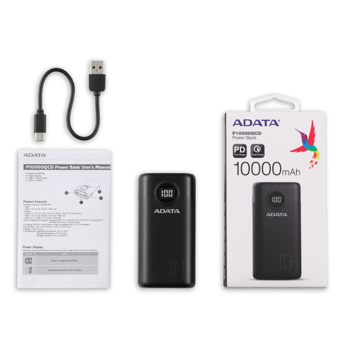 ADATA P10000QCD Qualcomm QC 3.0 & USB PD 3.0 Power Bank - 10000mAh - AP10000QCD-DGT-CBK - Portable Power Banks - alnabaa.com - النبع