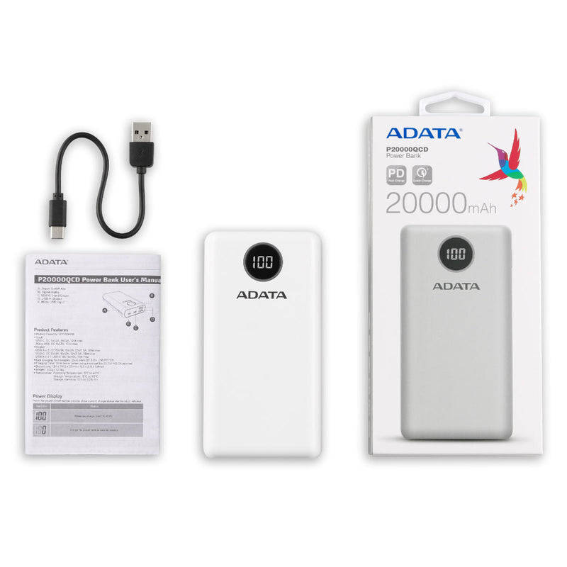 ADATA P20000QCD Qualcomm QC 3.0 & USB PD 3.0 Power Bank - 20000mAh - AP20000QCD-DGT-CWH - Portable Power Banks - alnabaa.com - النبع