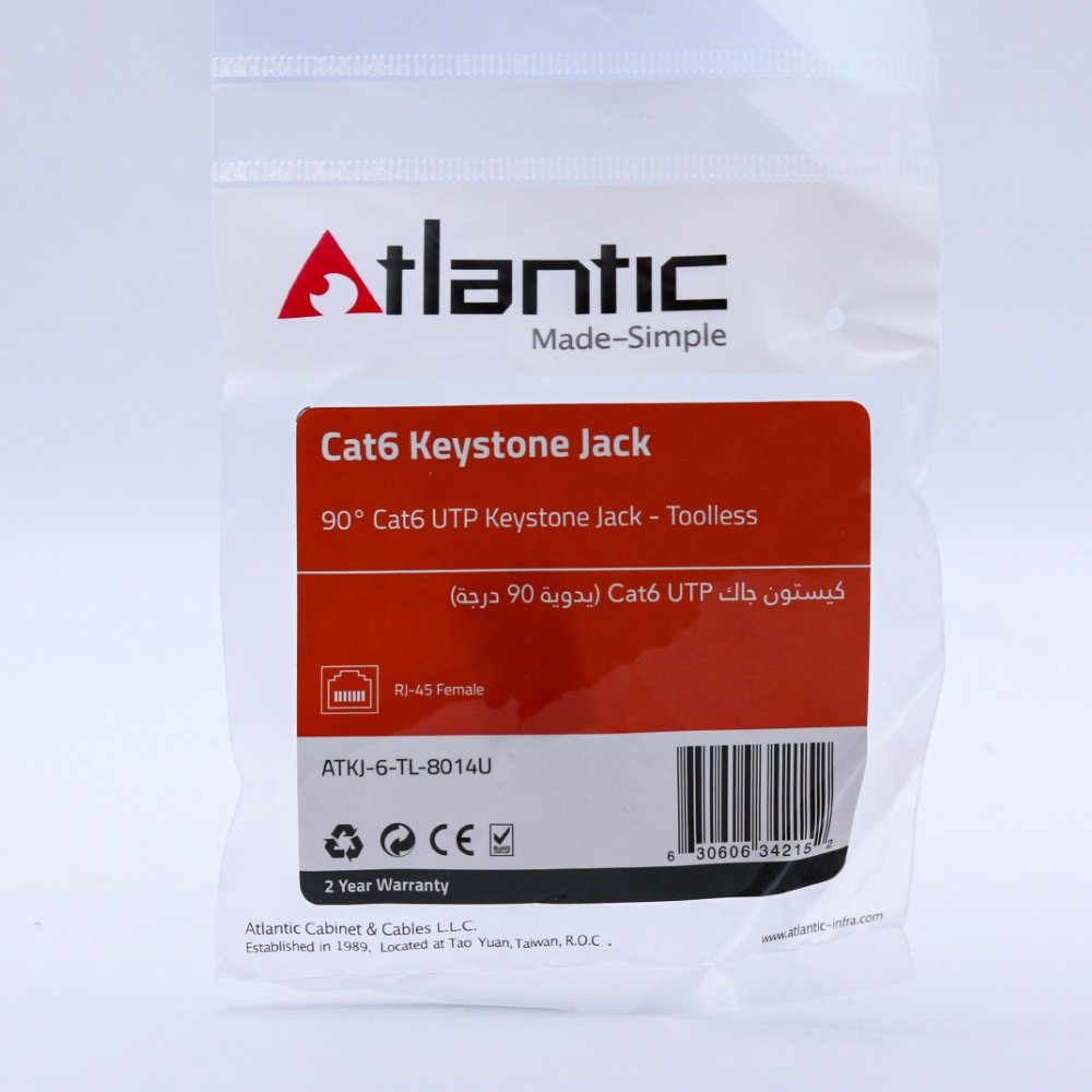 Atlantic 90° Cat6 UTP Keystone Jack – Toolless, High-Speed Ethernet Co