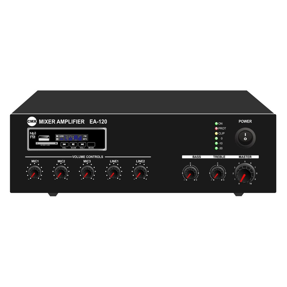 CMX 120W Tabletop Mixer Amp with USB/Bluetooth/FM, 3 Mic, 2 Aux, 70V/100V/4-16 Ohm. - EA-120 - Public address Amplifier - alnabaa.com - النبع