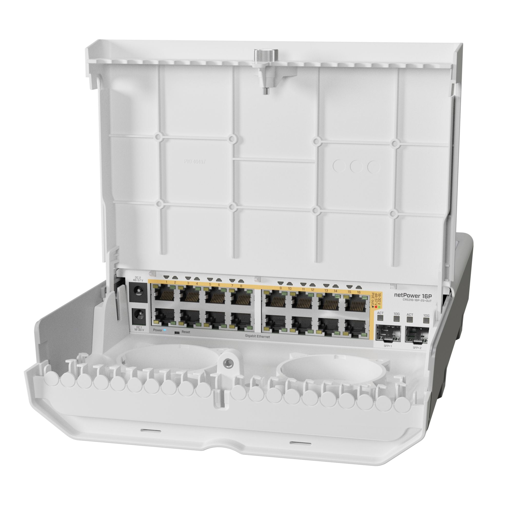 MikroTik netPower 16P Outdoor Switch | 16x Gigabit PoE-out | 2x 10G SFP+ | Passive PoE | RouterOS/SwOS | Tower/Rack Mount