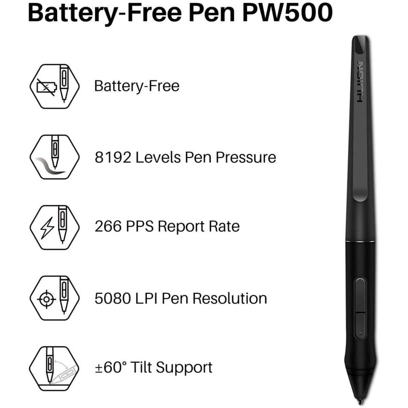 Huion Battery-Free Pen PW500 for HS611, Inspiroy WH1409 V2/Q11K V2/Dial Q620M, Kamvas Pro 20/22, GT-191 V2 - PW500 - Stylus - alnabaa.com - النبع