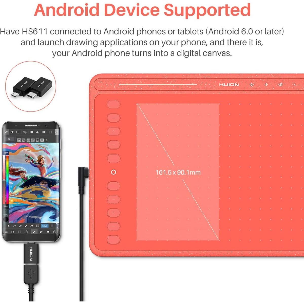 Huion HS611 Drawing Pen Tablet for PC, Mac, & Android - 11 Programmable Keys - HS611RED - Graphic Tablets - alnabaa.com - النبع
