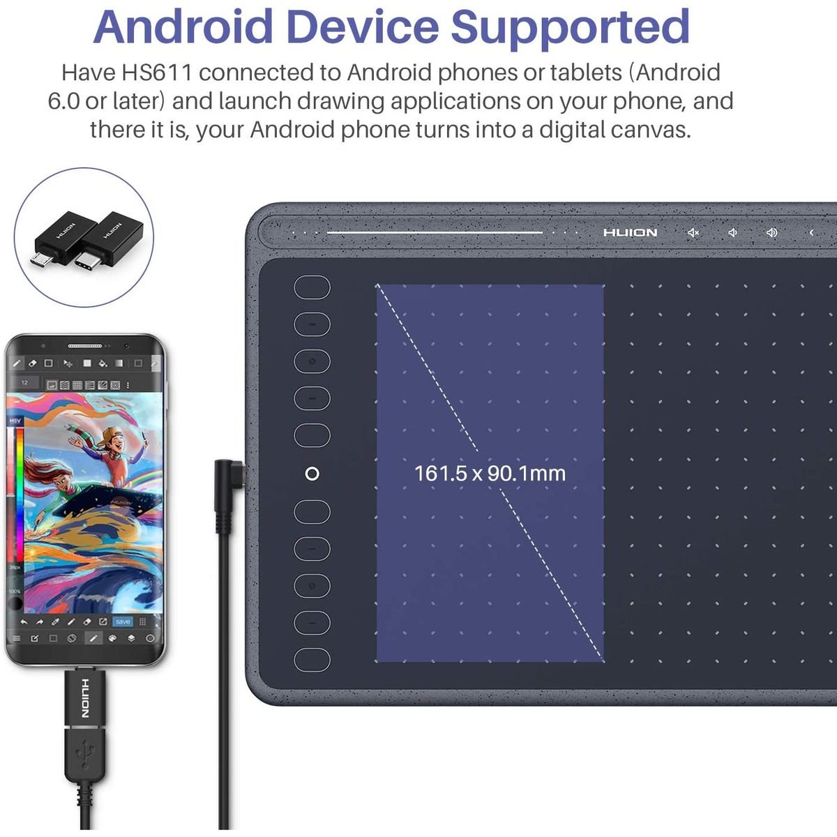 Huion HS611 Drawing Pen Tablet for PC, Mac, & Android - 11 Programmable Keys - HS611GRAY - Graphic Tablets - alnabaa.com - النبع