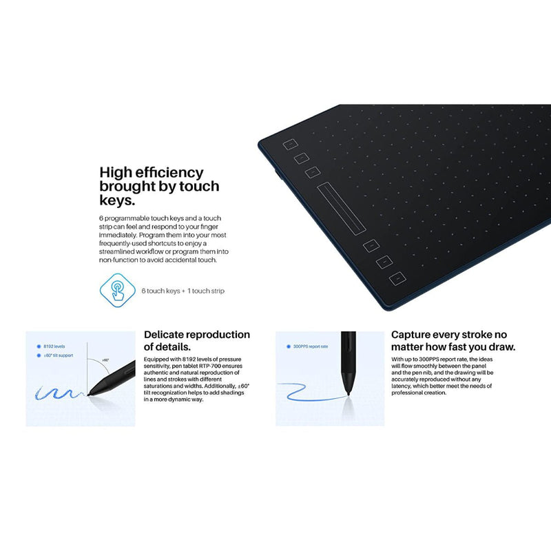 Huion Inspiroy RTP-700 Graphic Drawing Tablet with Touch Bar - 6 Programable Keys (279.4 x 174.6 mm) - RTP-700 - Graphic Tablets - alnabaa.com - النبع
