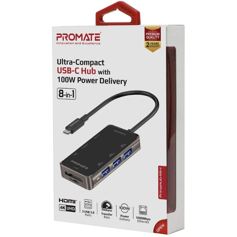 Promate 8-in-1 USB-C Hub with 100W PD 4K HDMI, RJ45 Port, TF/SD Card S