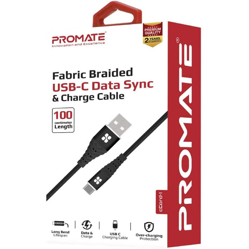 Promate USB-C Cable, 2.4A Fast Charging Fabric Braided USB Type-C