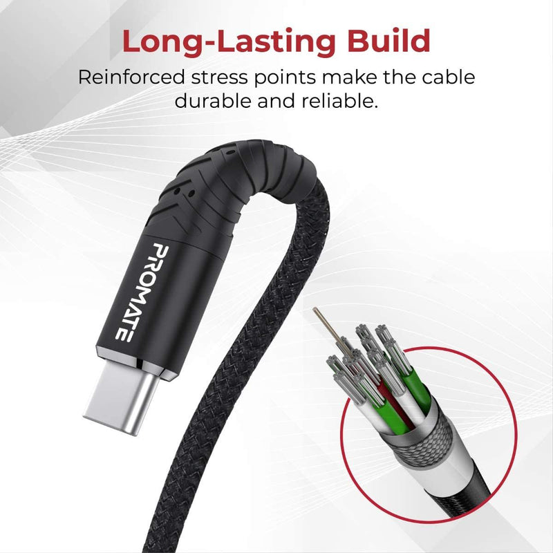 Promate USB-C Cable, 2.4A Fast Charging Fabric Braided USB Type-C
