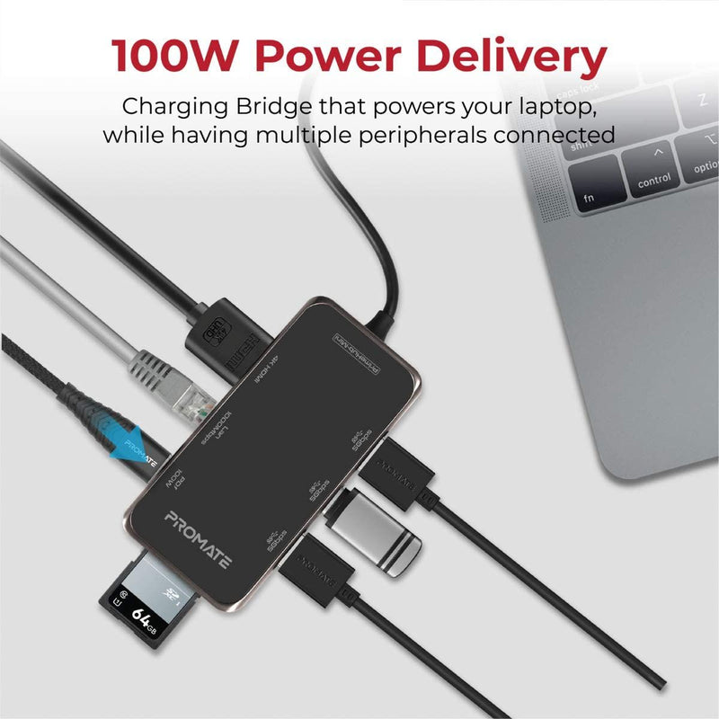 Promate 8-in-1 USB-C Hub with 100W Power Delivery Port, 4K HDMI - PrimeHub-Mini