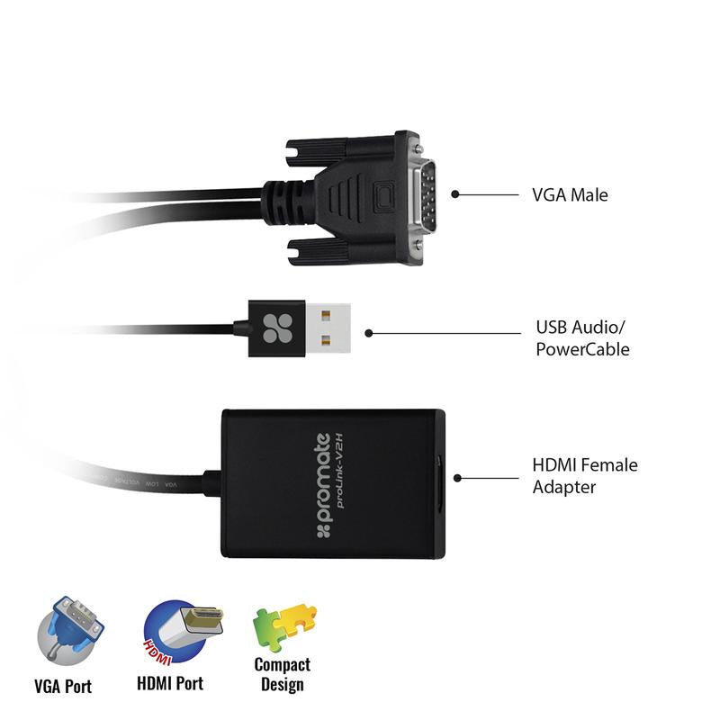 Promate VGA-to-HDMI Adaptor Kit with Audio Support ProLink-V2H